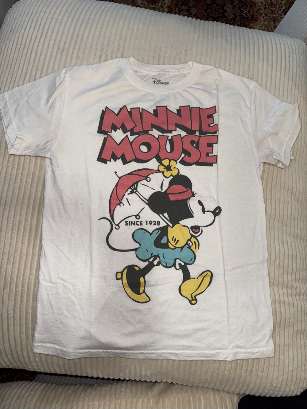 Disney White Minnie Mouse Graphic Tee with Pink, Yellow & Teal - women’s